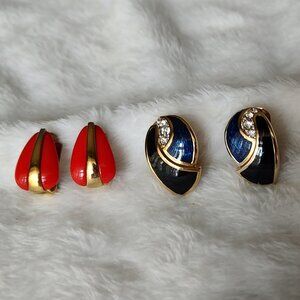 Vtg. Orena Paris Red & Gold Paris Designer Black Blue & Gold Clip-On Earrings